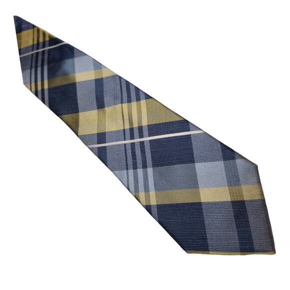 Michael Kors blue yellow plaid silk linen blend tie - Picture 1 of 5